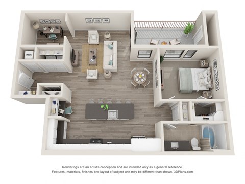 Floor plan for 1 bed, 1 bath, 1050 sqft